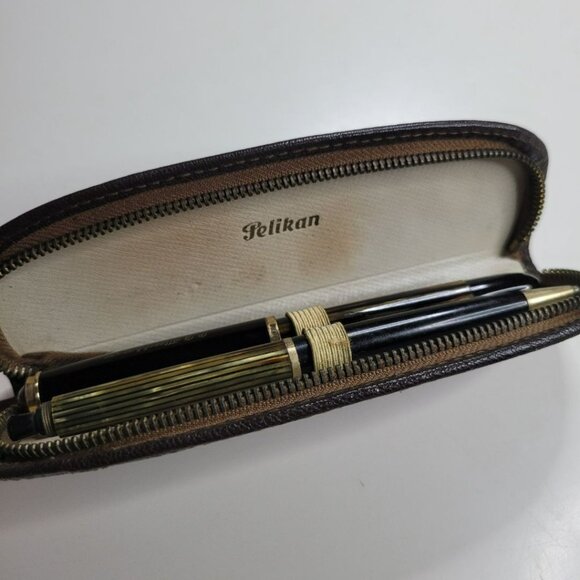 Pelikan‎ Fountain Pen Tortoise Brown Stripe Case Mechanical Pencil Zip Vintage - Picture 16 of 16